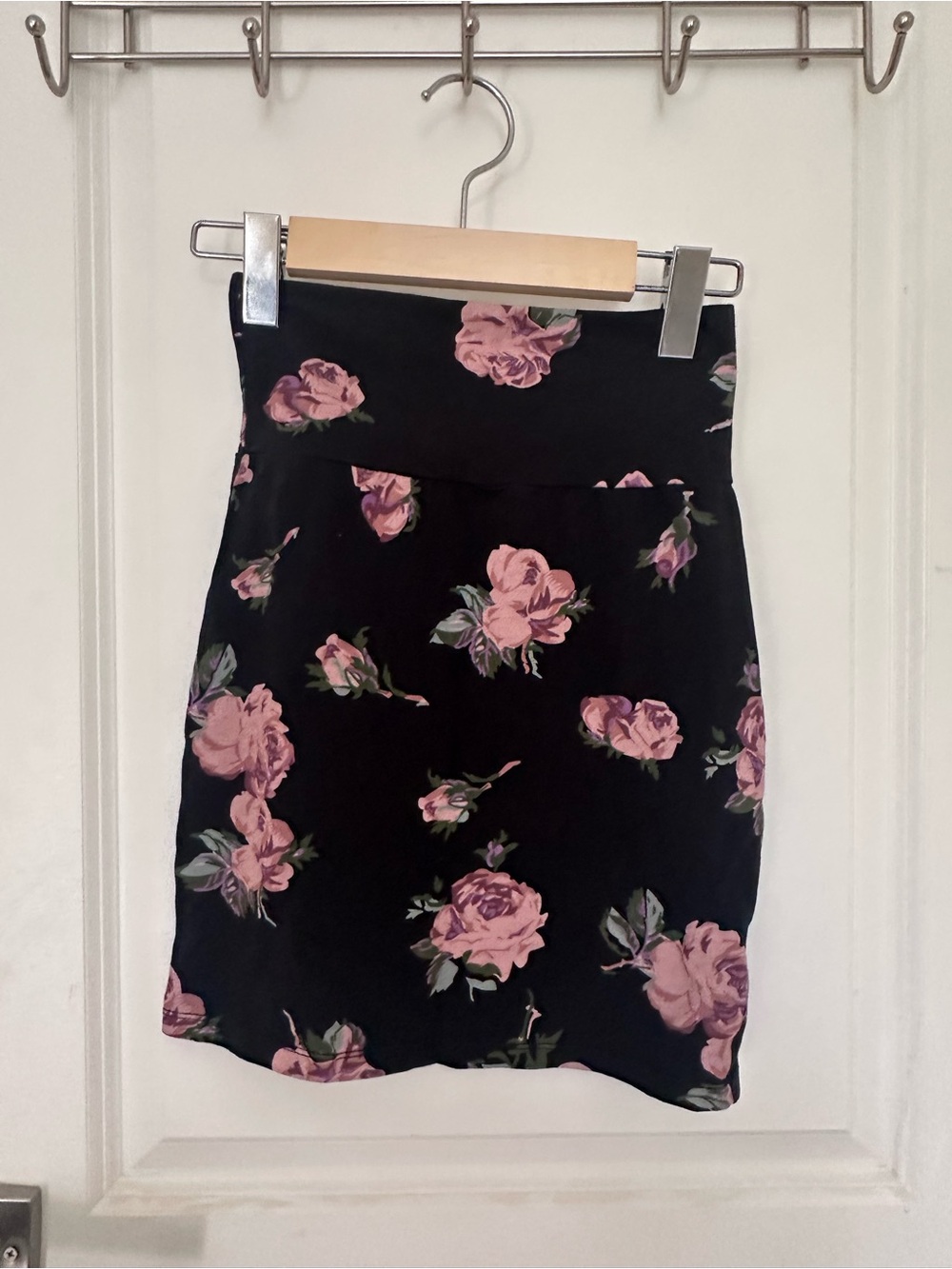 Black Floral Pencil Skirt with Pink Rose Print